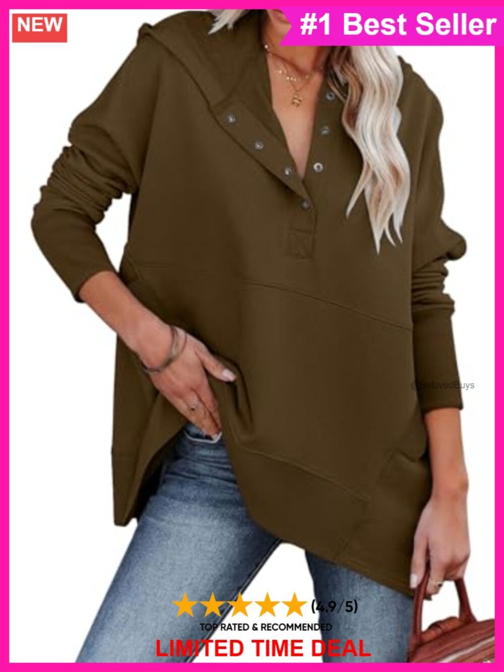 Oversized V Neck Henley Hoodie Pullover Sweatshirt Ribbed Solid